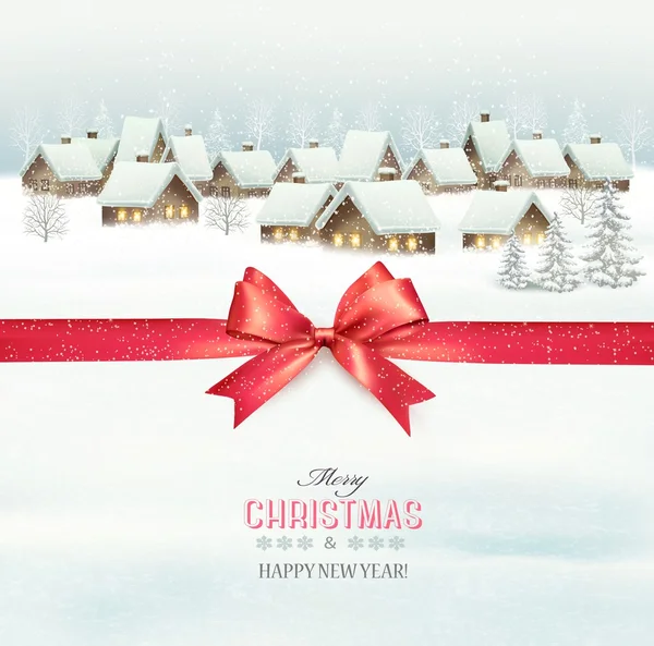 Holiday Kerstmis achtergrond met een dorp en een rode cadeau ribbo — Stockvector
