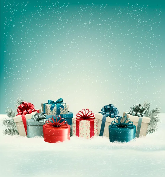 Cajas de regalo de Navidad en nieve. Vector . — Vector de stock