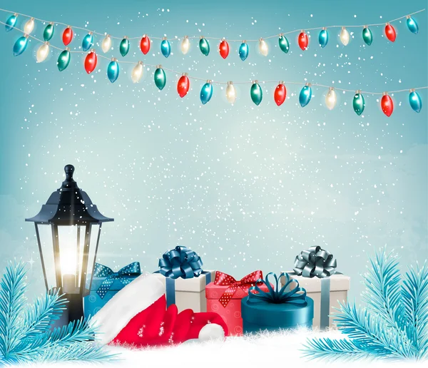 Fondo de Navidad con una linterna y regalos. Vector . — Archivo Imágenes Vectoriales