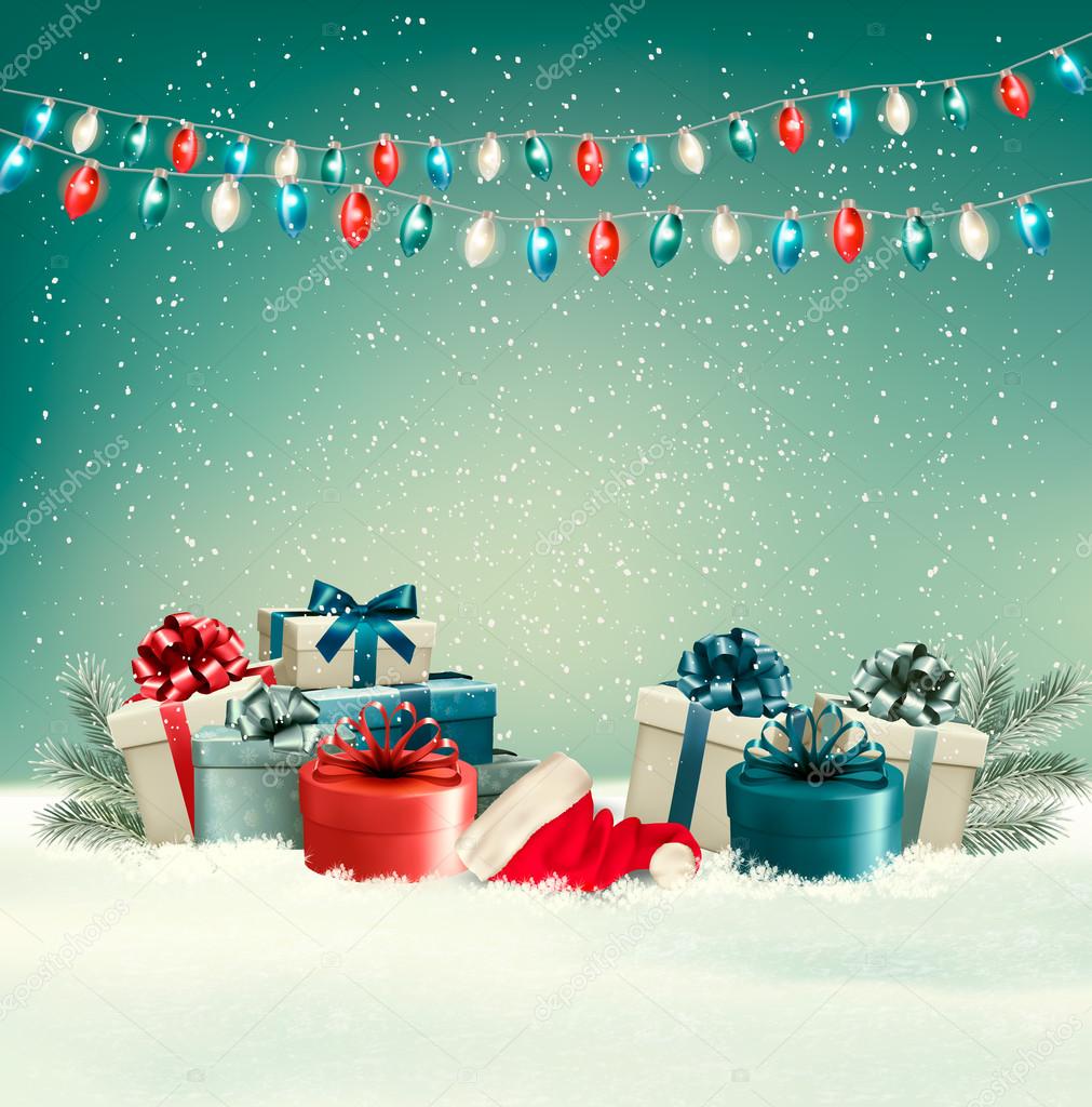 Winter christmas background with gifts and a garland. Vector. 