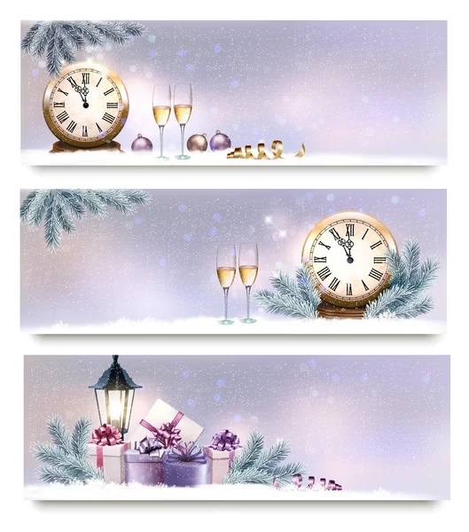 Three Christmas, New Year banners with gift boxes, lanterns and — Stock Vector