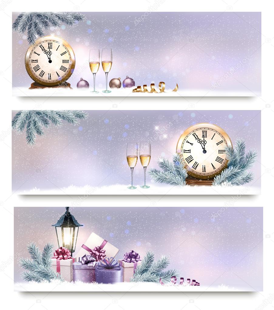 Three Christmas, New Year banners with gift boxes, lanterns and 