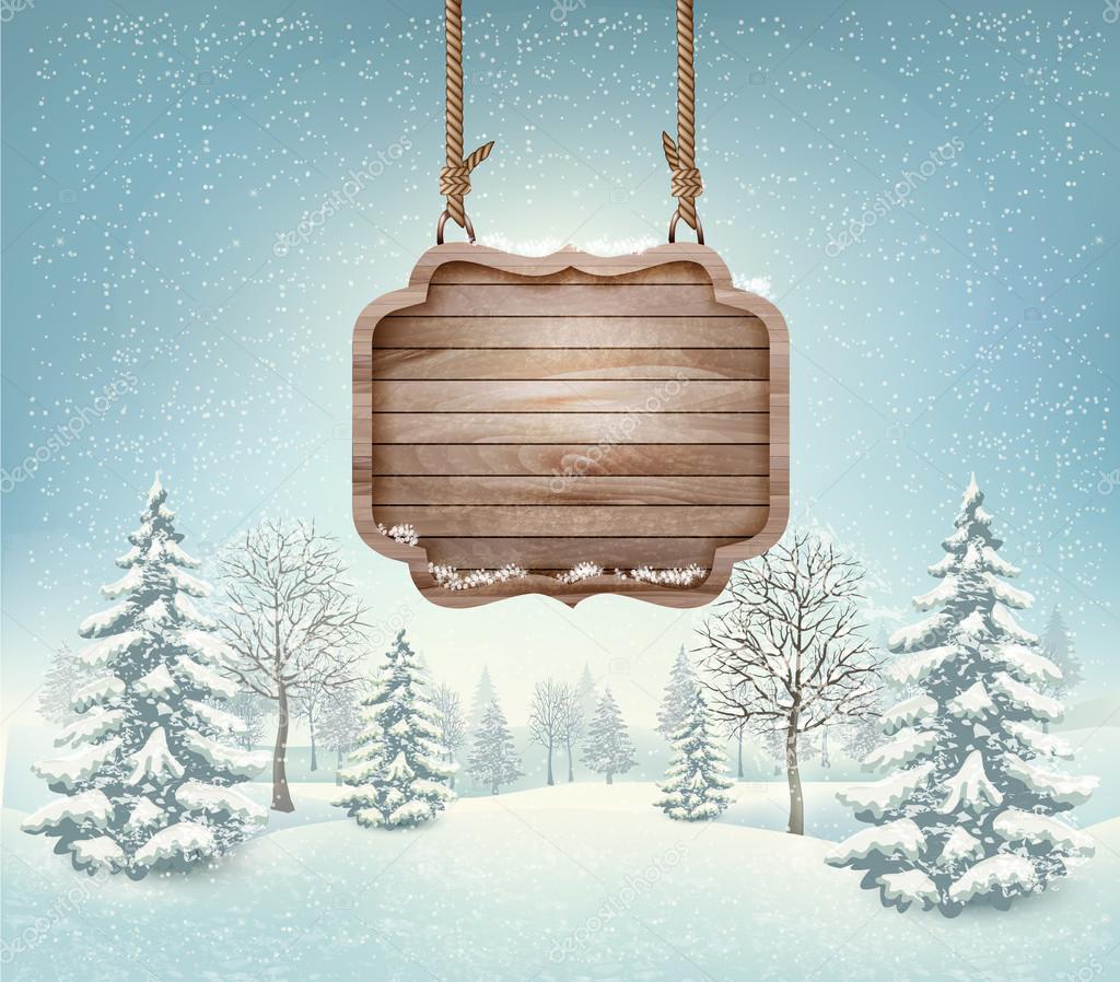 Winter landscape with a wooden ornate Merry christmas sign. Vect