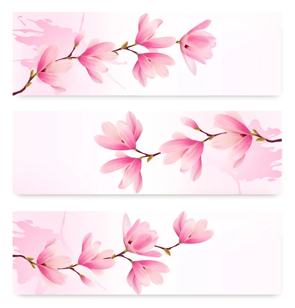 Tre våren banners med blossom brunch med rosa blommor. Vektor — Stock vektor