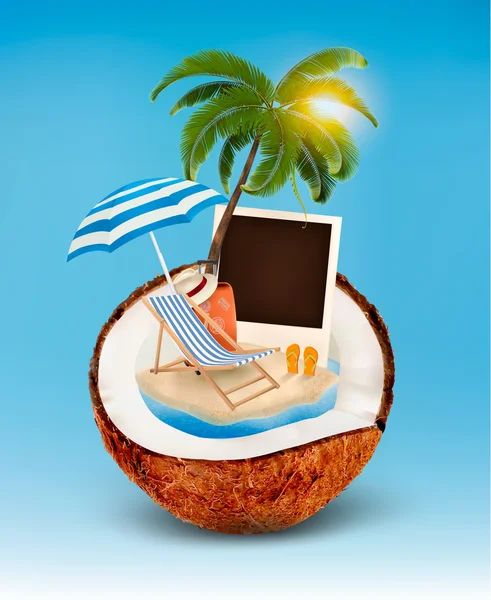 Concepto de vacaciones. Palmera, maleta y una foto en un coco . — Vector de stock