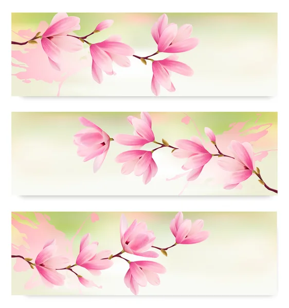 Drei Frühlingsbanner mit Blütenbrunch aus rosafarbenen Blumen. Vektor — Stockvektor