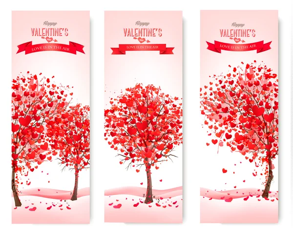 Three Holiday banners. Valentine trees with heart-shaped leaves. — Stock Vector