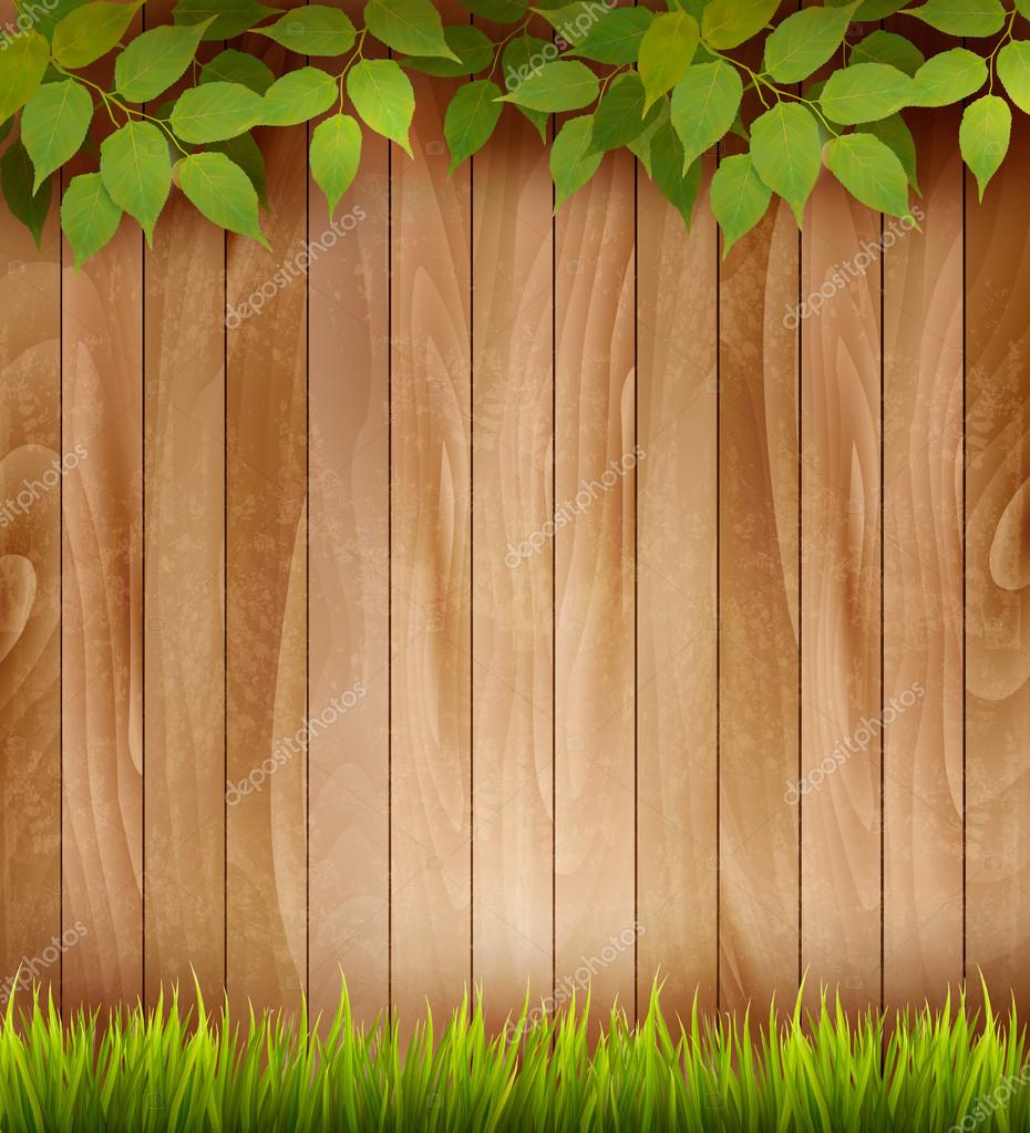 Natural wooden background with leaves and grass. Vector. Stock ...
