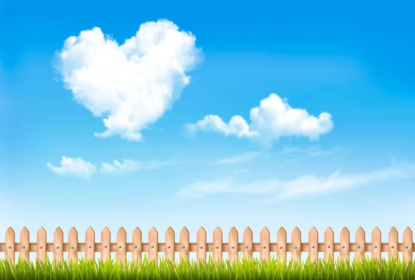Fond nature rétro avec ciel bleu avec des cœurs en forme de nuages . — Image vectorielle