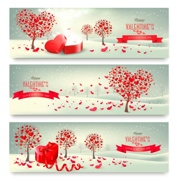 Holiday retro banners. Valentine trees with heart-shaped leaves. — Stock Vector
