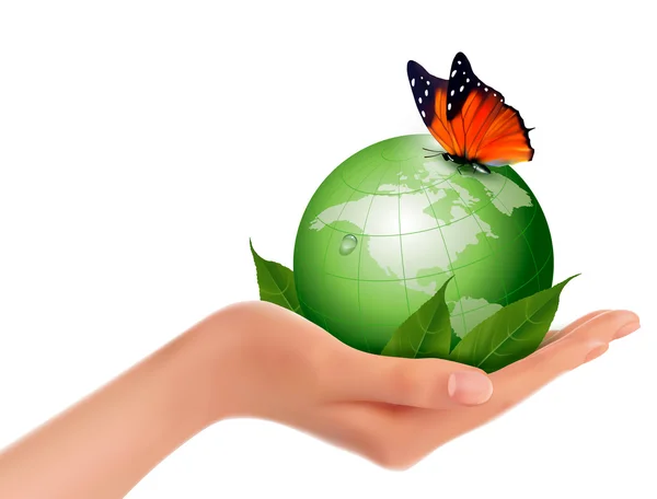 Green world with leaf and butterfly in woman hand. Vector illust — Stock Vector