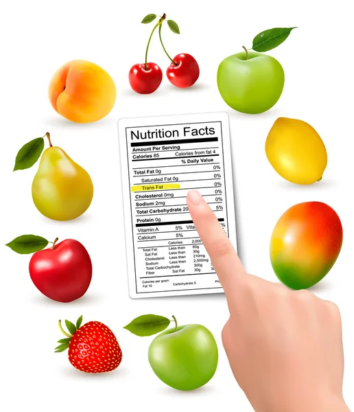 Fruta fresca con una etiqueta de información nutricional y mano. Vector — Vector de stock