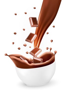 Splash beyaz kase kahverengi sıcak çikolata. Vektör.