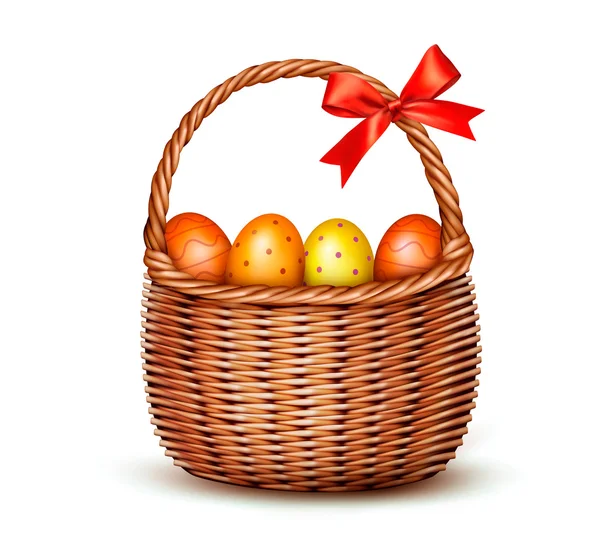 Basket with Easter eggs and a red bow. Vector. — Stock Vector