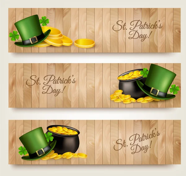 Tres pancartas del día de San Patricio con hojas de amante, sombrero verde a — Vector de stock