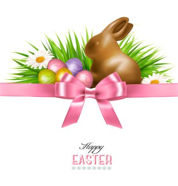 Mutlu Paskalya arka plan. Renkli Paskalya yumurtaları ve çikolata bunn