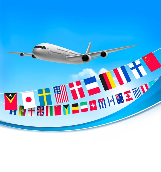 Airplane travel background with flags of different countries — Stock Vector