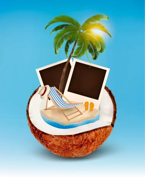 Vacation concept. Palm tree, photos and beach chair in a coconut — Stock Vector