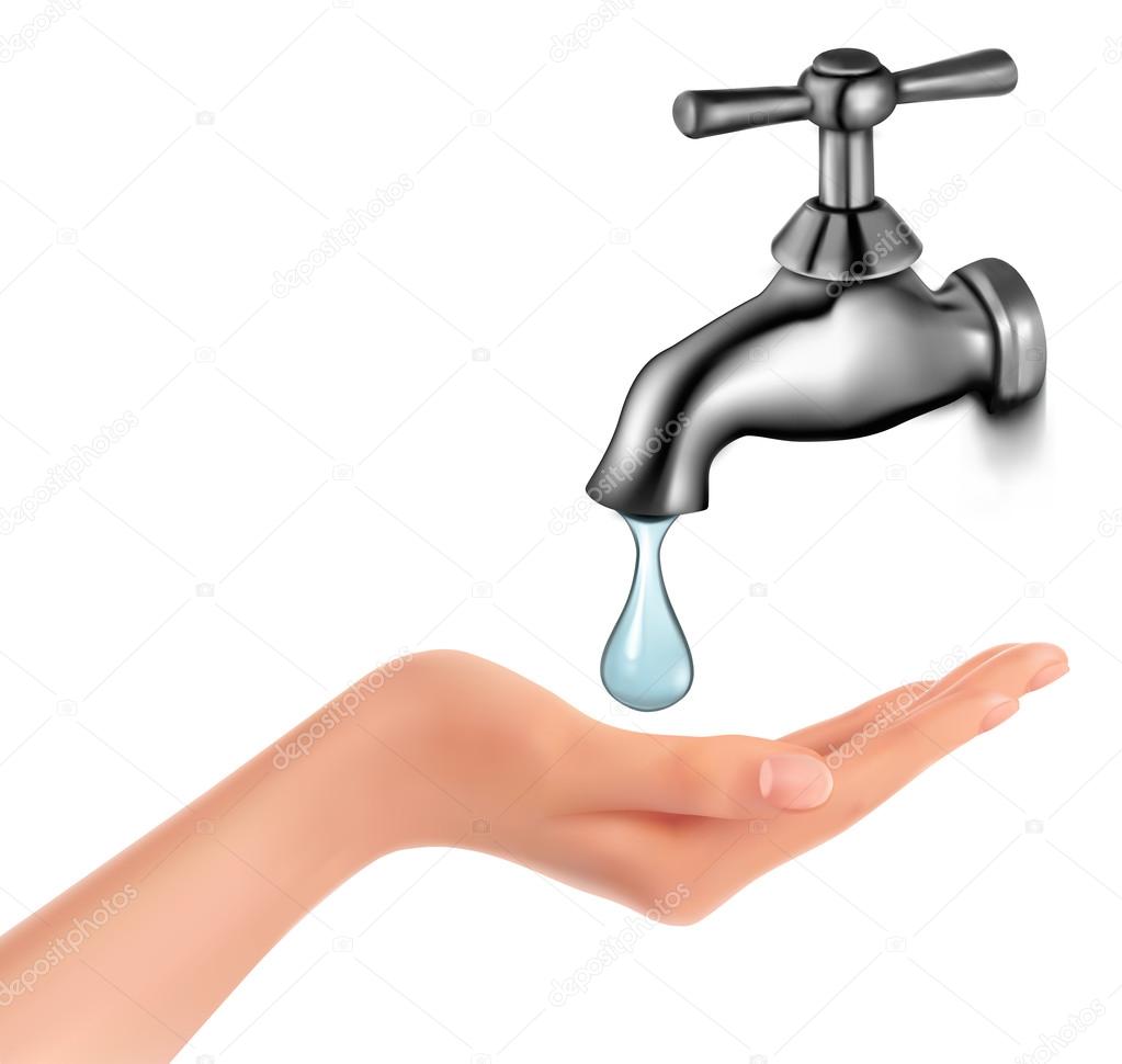 Water tap with drop and hand. Vector illustration.