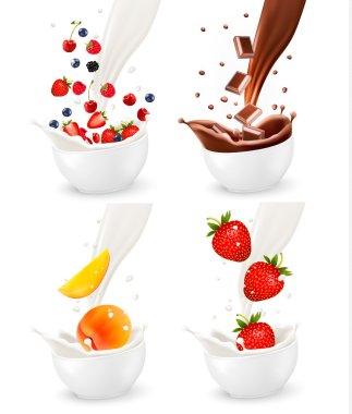 Colorful fresh fruits and chocolate falling into the milky splas clipart