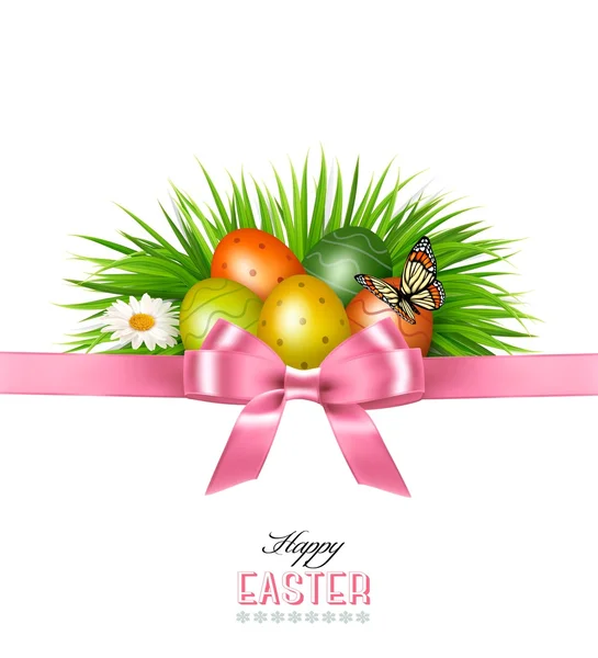 Happy Easter achtergrond. Kleurrijke paaseieren en groen gras. V — Stockvector