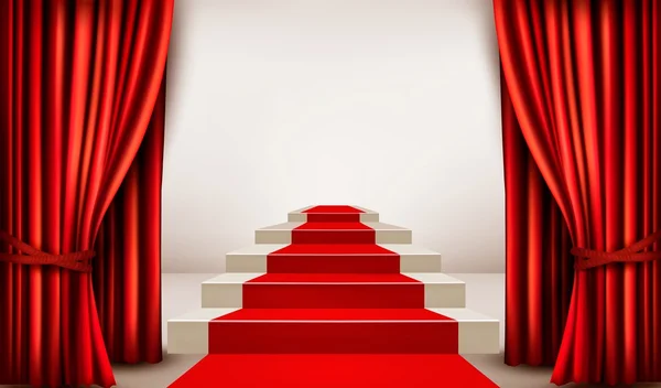 Showroom con alfombra roja que conduce a un podio con cortinas. Vect. — Vector de stock