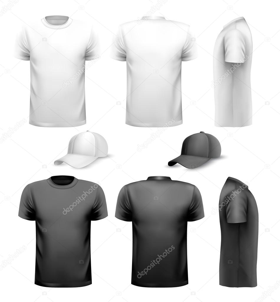 Black and white men t-shirt and cup. Design template. Vector.