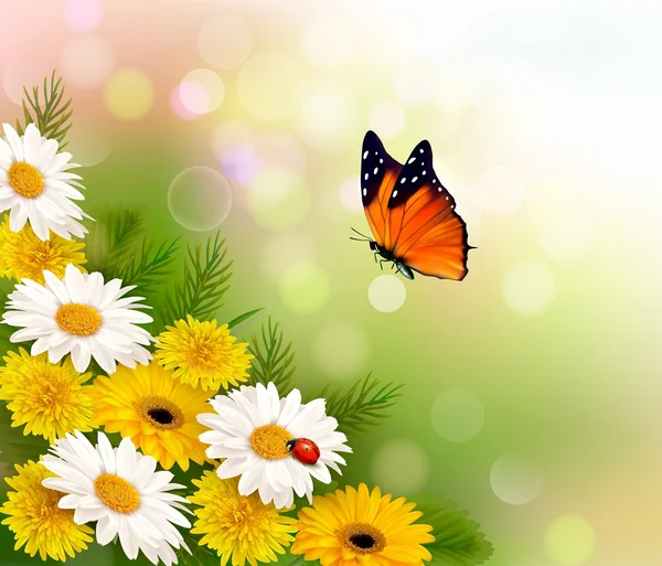 Spring background. Flowers and a butterfly. Vector. — Stock Vector