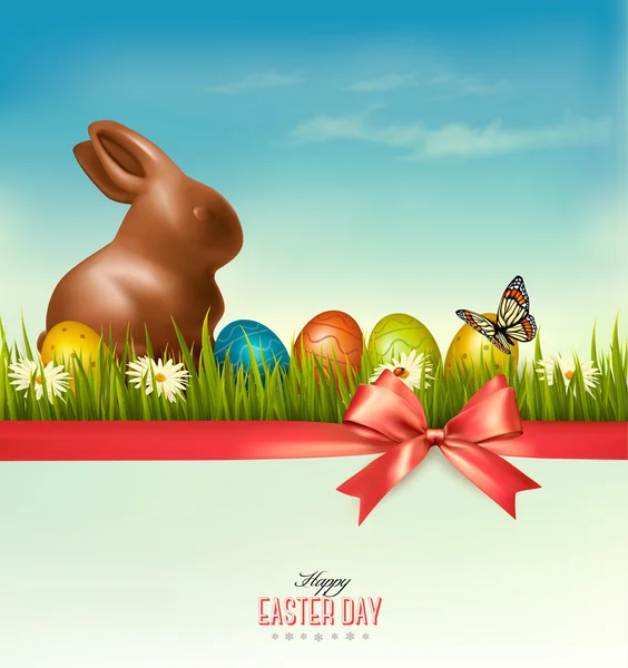 Feliz Pascua. Coloridos huevos de Pascua y conejito de chocolate — Vector de stock