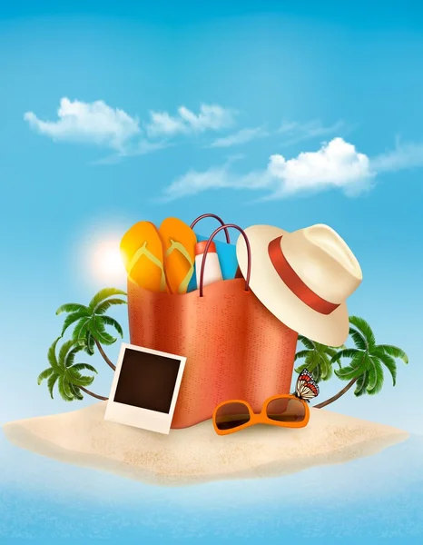 Concepto de vacaciones. Palmera, fotos y una bolsa llena de coágulos de playa — Archivo Imágenes Vectoriales