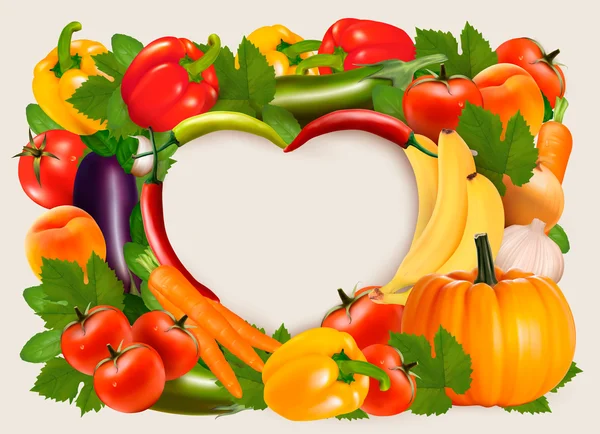 Fundo em forma de coração feito de legumes e frutas. Vetor . — Vetor de Stock