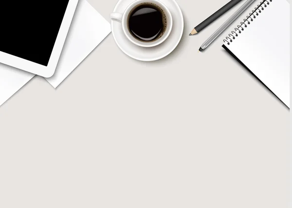 Fundo do escritório com café, tablet, papel e algumas canetas. Efeito —  Vetores de Stock