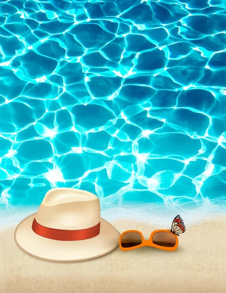 Vacation background with blue sea, a hat and sunglasses. Vector. — Stock Vector