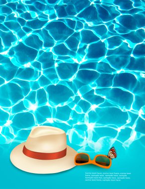 Mavi deniz, şapka ve güneş gözlüğü ile tatil arka plan. Vektör.