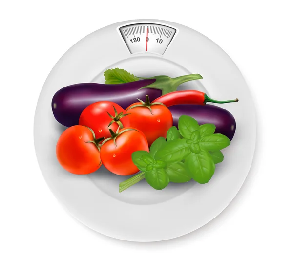 A scale with vegetables. Diet concept. Vector. — Stock Vector