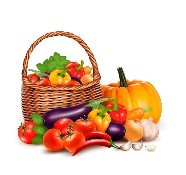 A basket full of fresh vegetables. Vector background. — Stock Vector