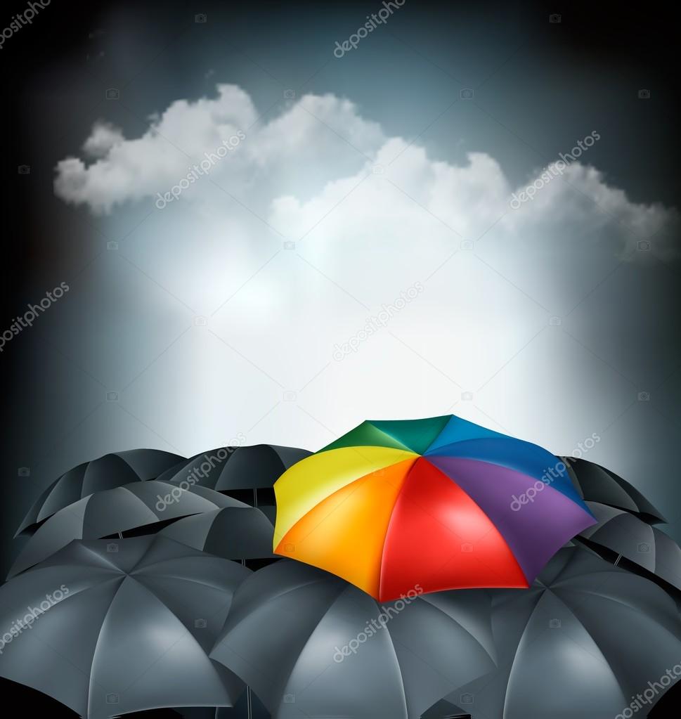A rainbow umbrella amongst grey ones. Uniqueness concept. Vector