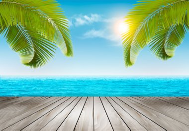 Tatil arka plan. Palmiye ağaçları ve mavi deniz ile plaj. Vektör.
