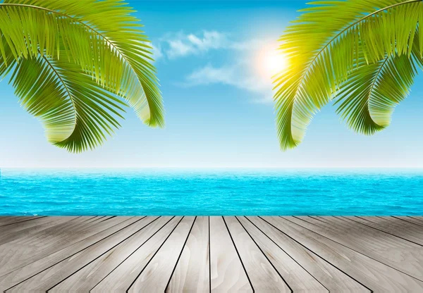 Sfondo vacanza. Spiaggia con palme e mare azzurro. Vettore . — Vettoriale Stock
