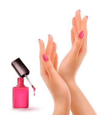 Hands with pink polished nails. Nail polish bottle. Vector. clipart