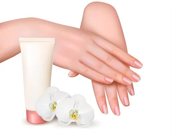 Belas mãos femininas jovens com um creme e orquídeas. Vetor . —  Vetores de Stock