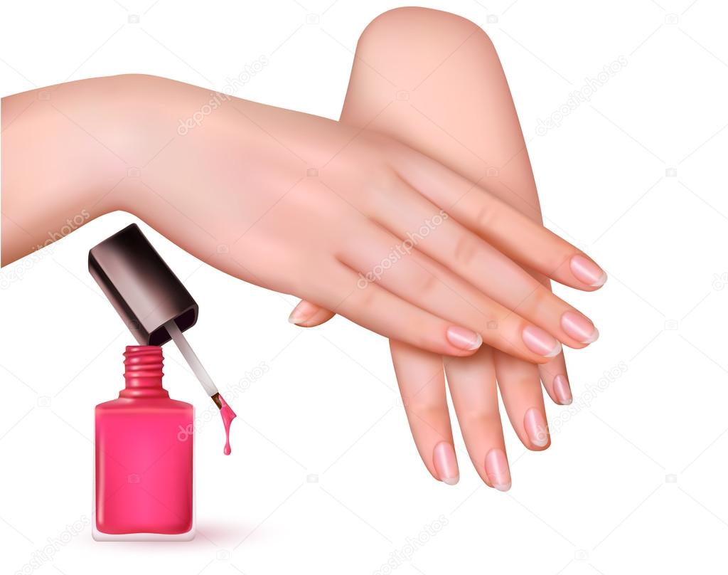 Female young hands with a pink nail polish bottle. Vector.