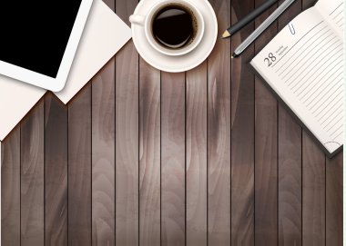 Office çalışma alanı arka plan - kahve, tablet, dizüstü bilgisayarlar ve pape