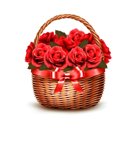 Fondo de vacaciones con la cesta llena de rosas rojas. Vector . — Archivo Imágenes Vectoriales