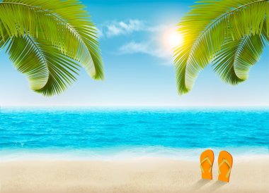 Tatil arka plan. Palmiye ağaçları ve mavi deniz ile plaj. Vektör.