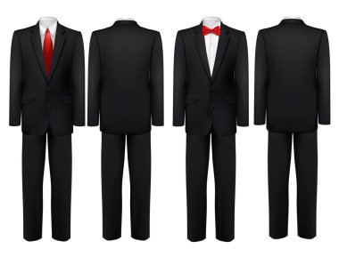 Siyah takım elbise ve kelebek ile beyaz gömlek ve kravat. Vektör.