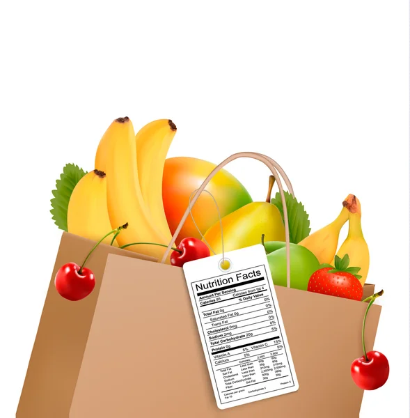 Saco de compras com fruta saudável e um rótulo nutritivo. Vetor . —  Vetores de Stock