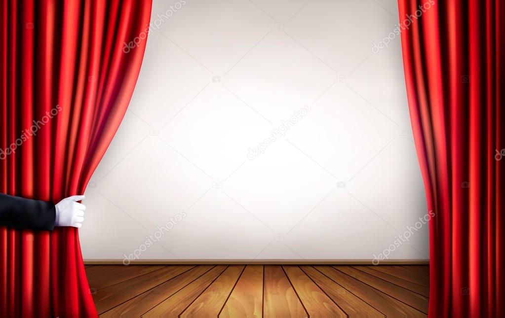 Background with red velvet curtain and hand. Vector illustration