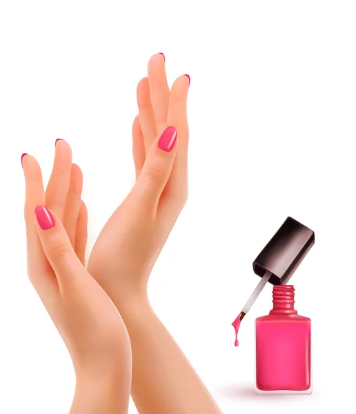 Vrouw mooie handen met een roze nagellak fles. Vector. — Stockvector