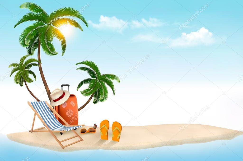 Tropical island with palms, a beach chair and a suitcase. Vacati